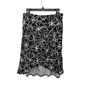 90s Floral Midi Skirt Size Medium Black Pink Asymmetrical Stretchy
